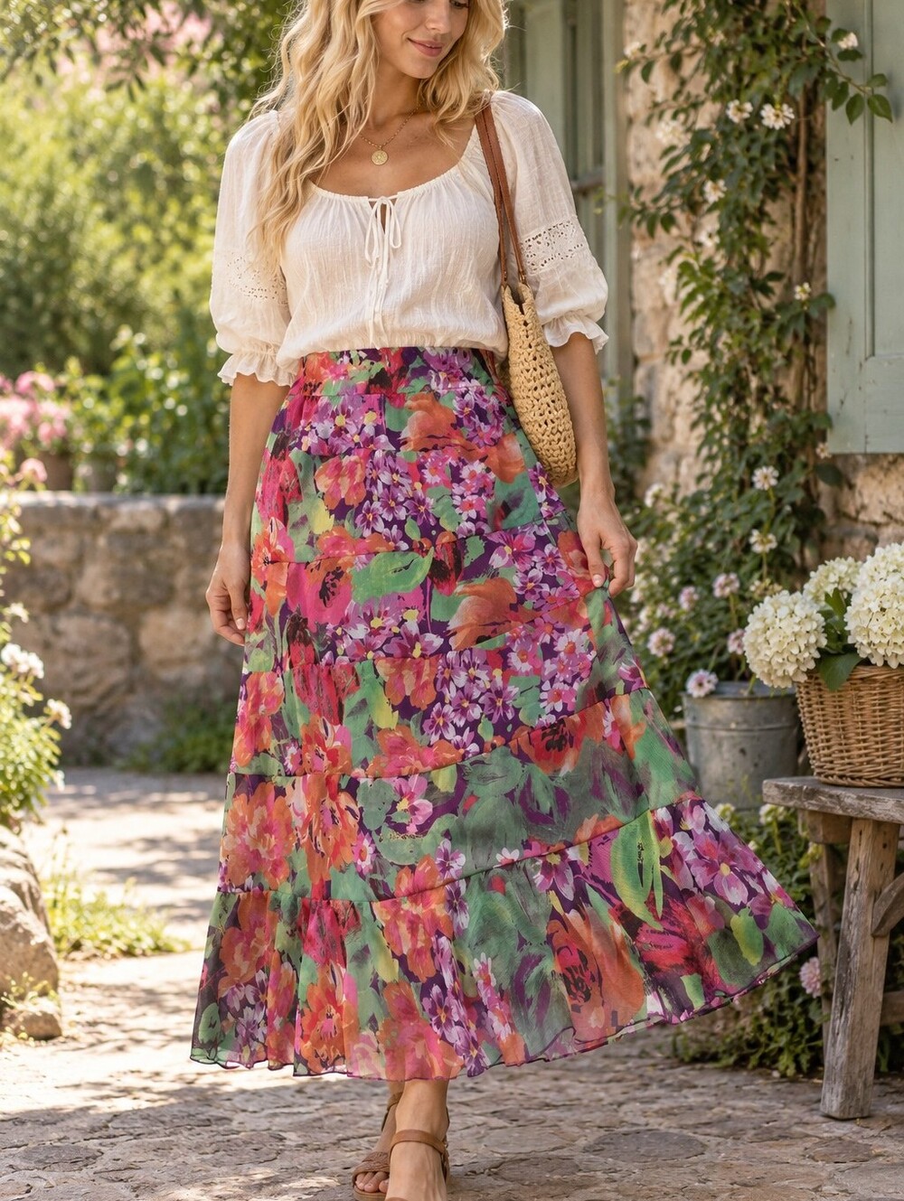 Colorful Floral Tiered Skirt PM Boho Cottagecore Romantic Fairycore Garden Party